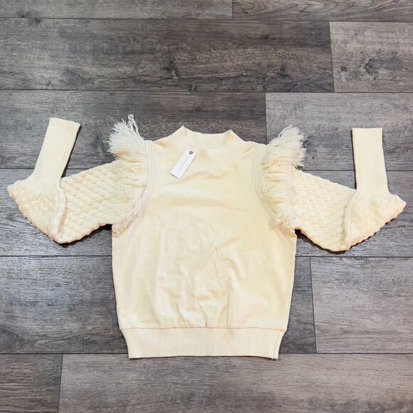 NWT Anthropologie Dolan Fringed Sweater Fringe Knit Ivory Pullover Textured XS - Picture 1 of 9